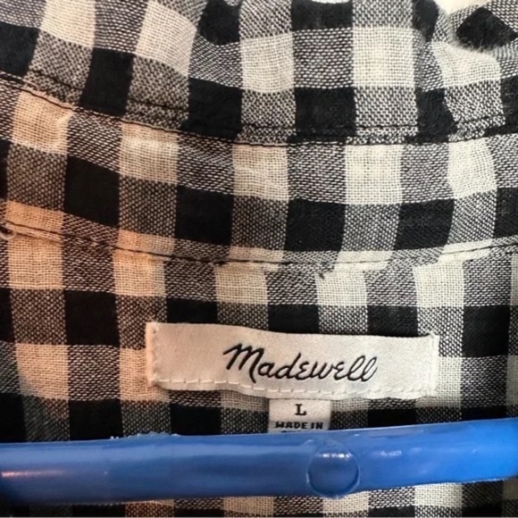 Madewell black white checkered plaid split neck top size Large - Picture 3 of 5